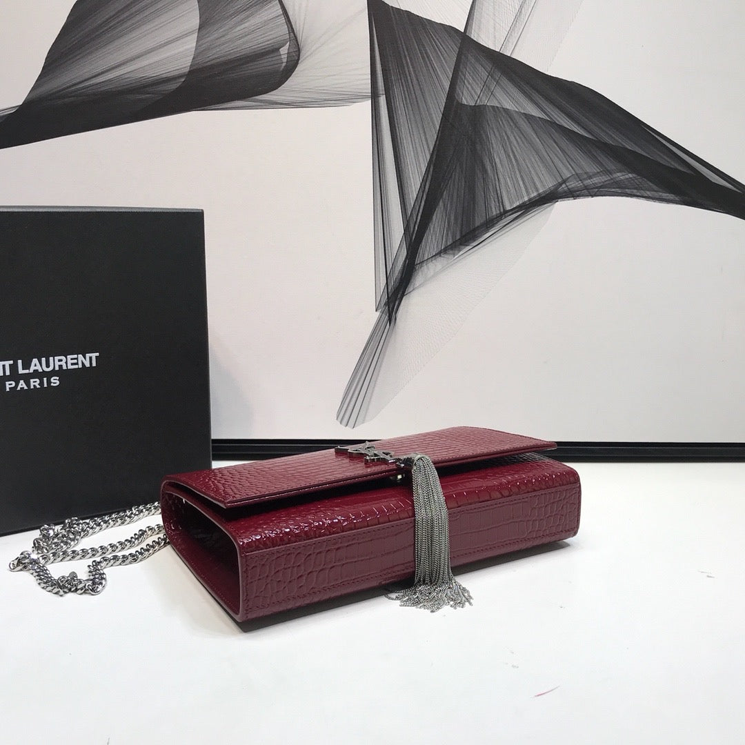 YSSL Kate Medium Chain Bag With Tassel In Embossed Crocodile Burgundy For Women 9in/24cm YSL