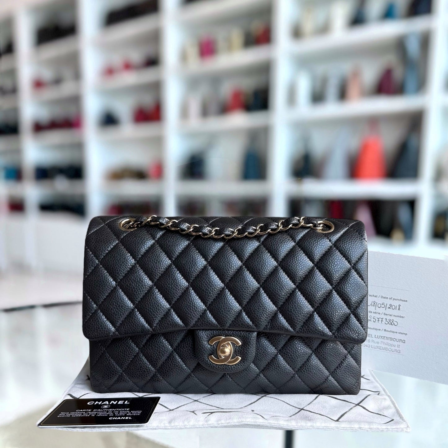 Chanel Classic Flap Medium - Caviar 25CM Quilted Grained Calfskin Charcoal Gold Hardware Series 25