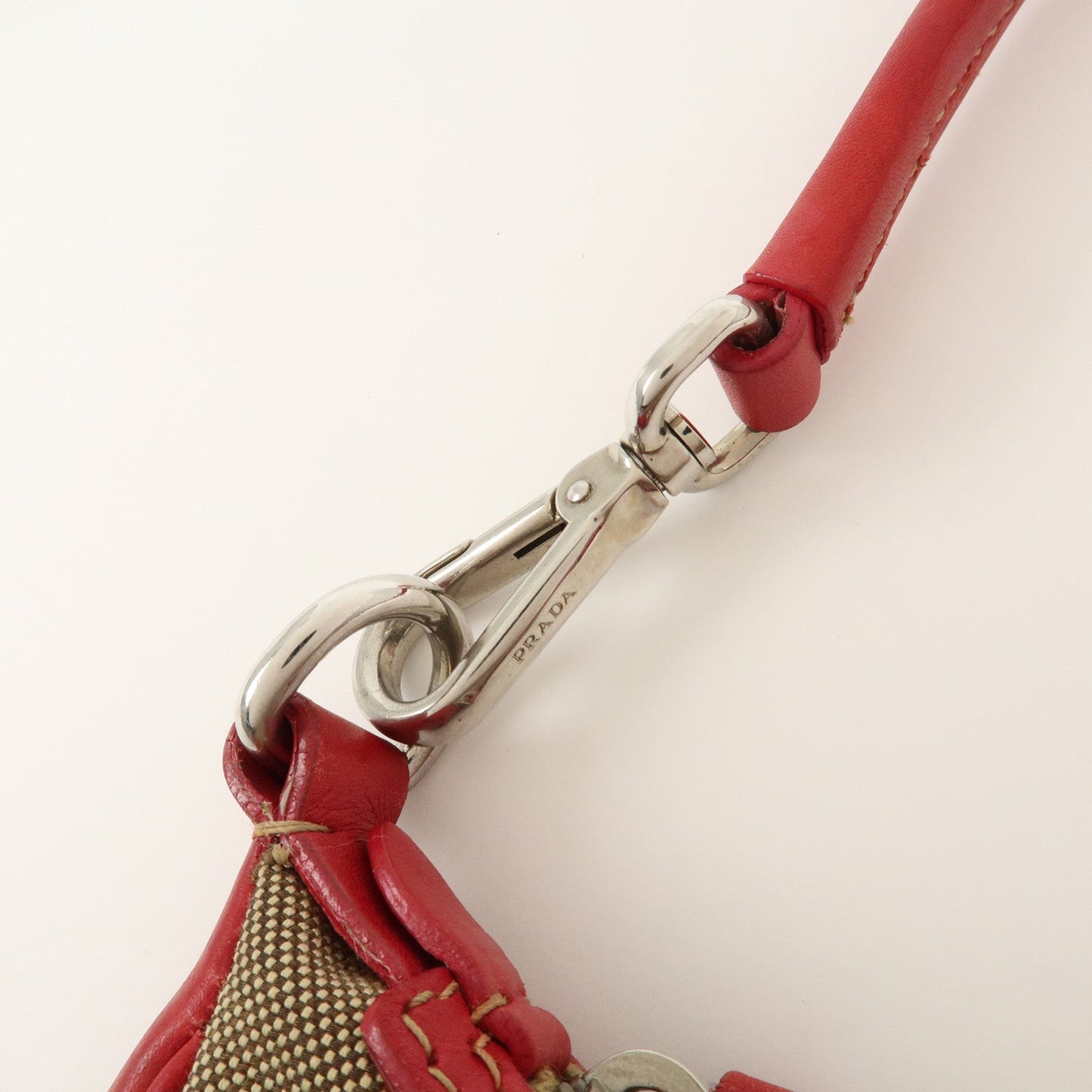 PRADA Logo Jacquard Leather Shoulder Bag Beige Red  d