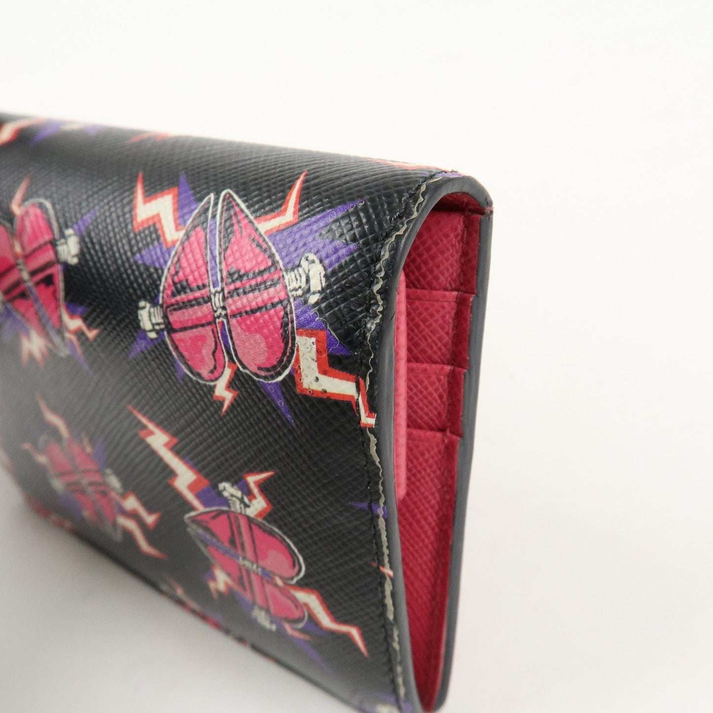 PRADA Logo Saffiano Leather Heart Print Bi-fold Wallet 1MV204  d