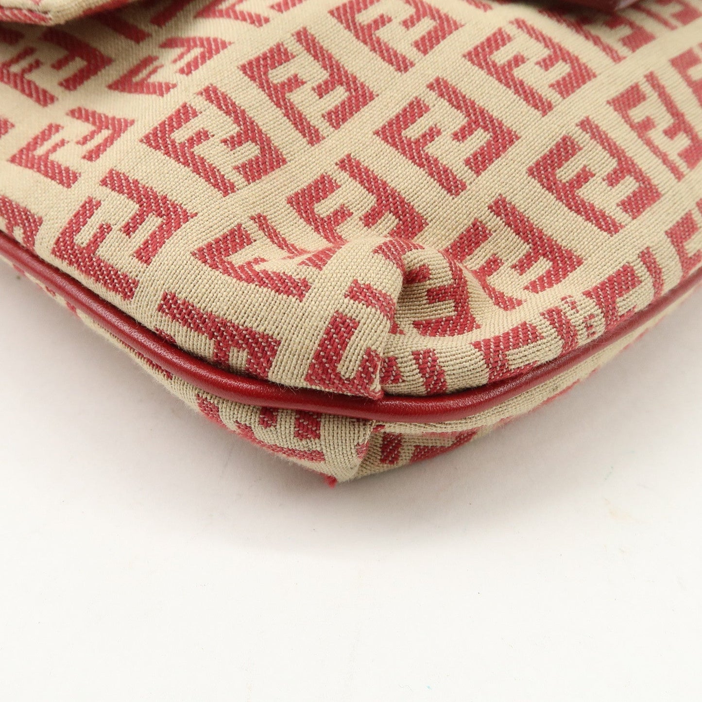 FENDI Zucchino Canvas Leather Shoulder Bag Beige Red 8BT075  d