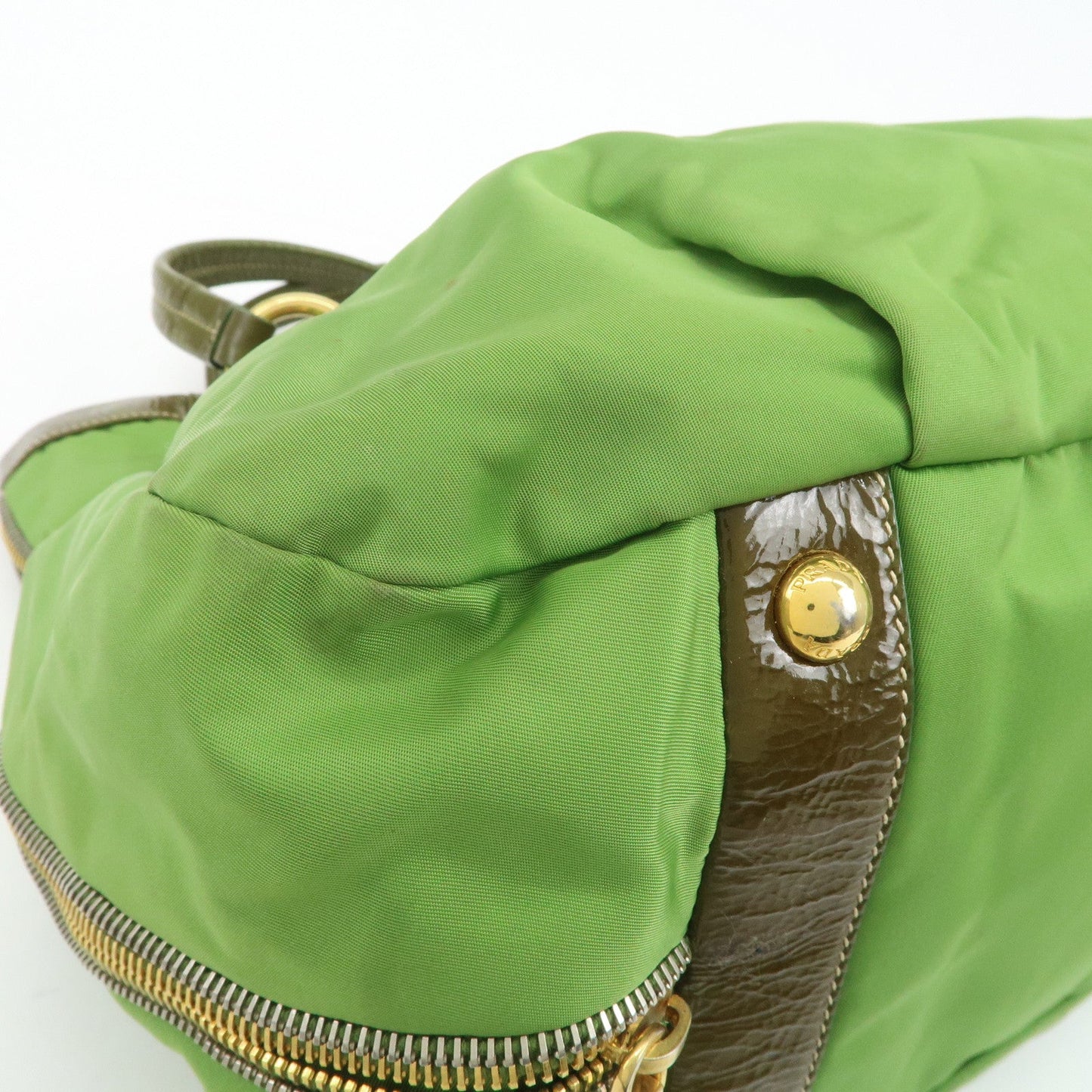 PRADA Nylon Patent Leather Tote Bag Shoulder Bag Green Khaki  d