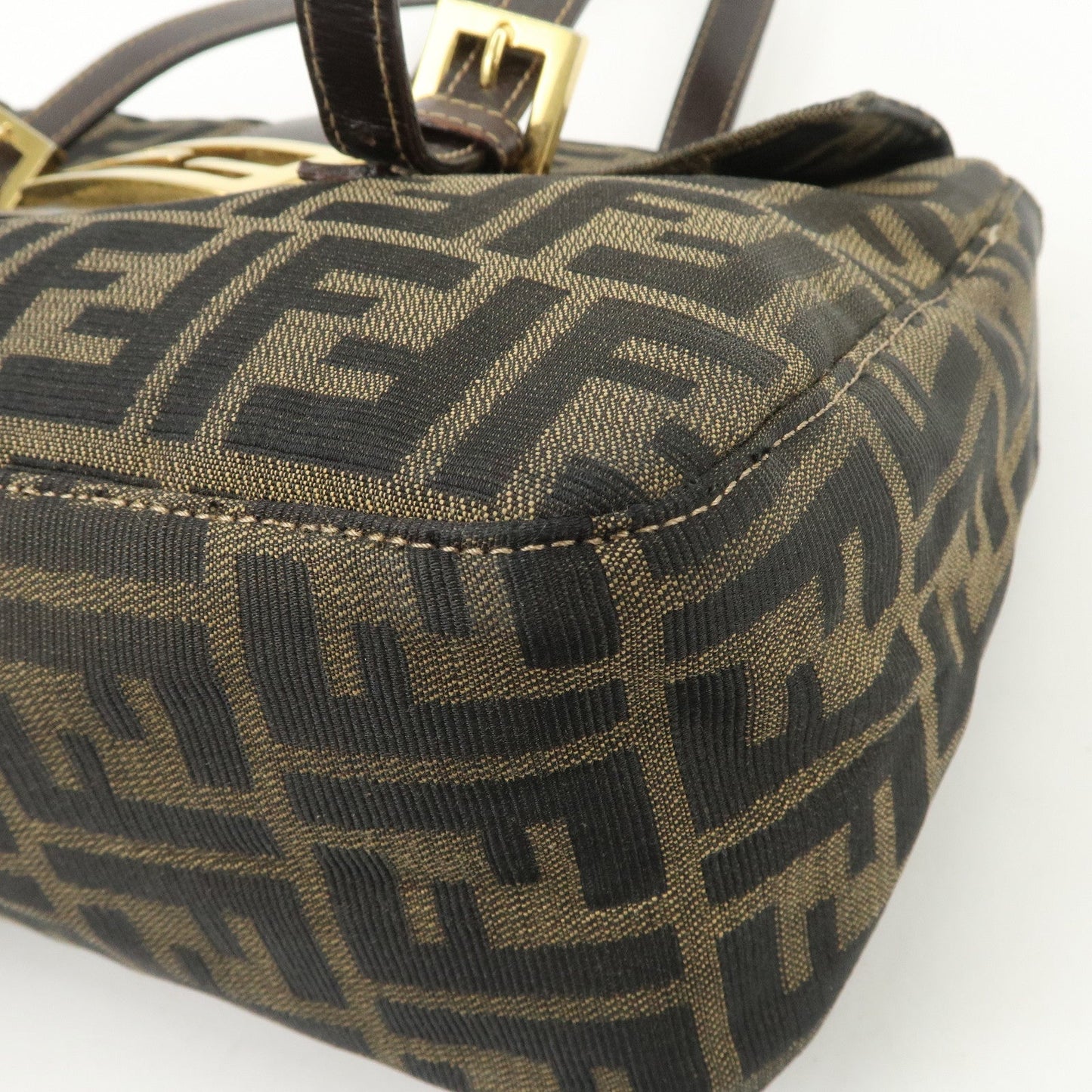FENDI Zucca Canvas Leather Hand Bag Brown Black Gold Hardware  d