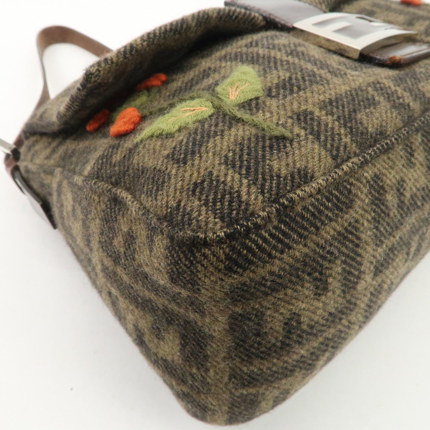 FENDI Mamma Baguette Wool Leather Shoulder Bag Tree Motif Khaki  d