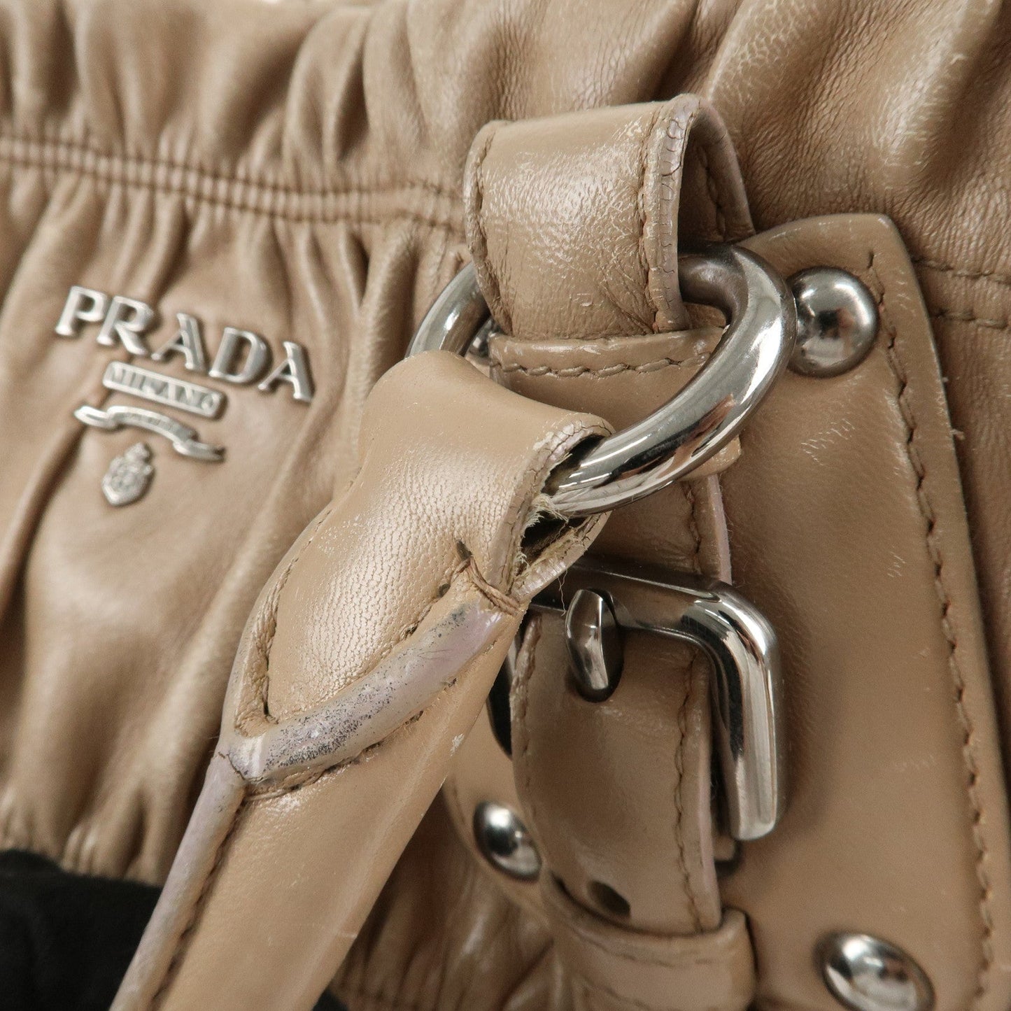 PRADA Leather 2Way Hand Bag Shoulder Bag Beige N1788  d