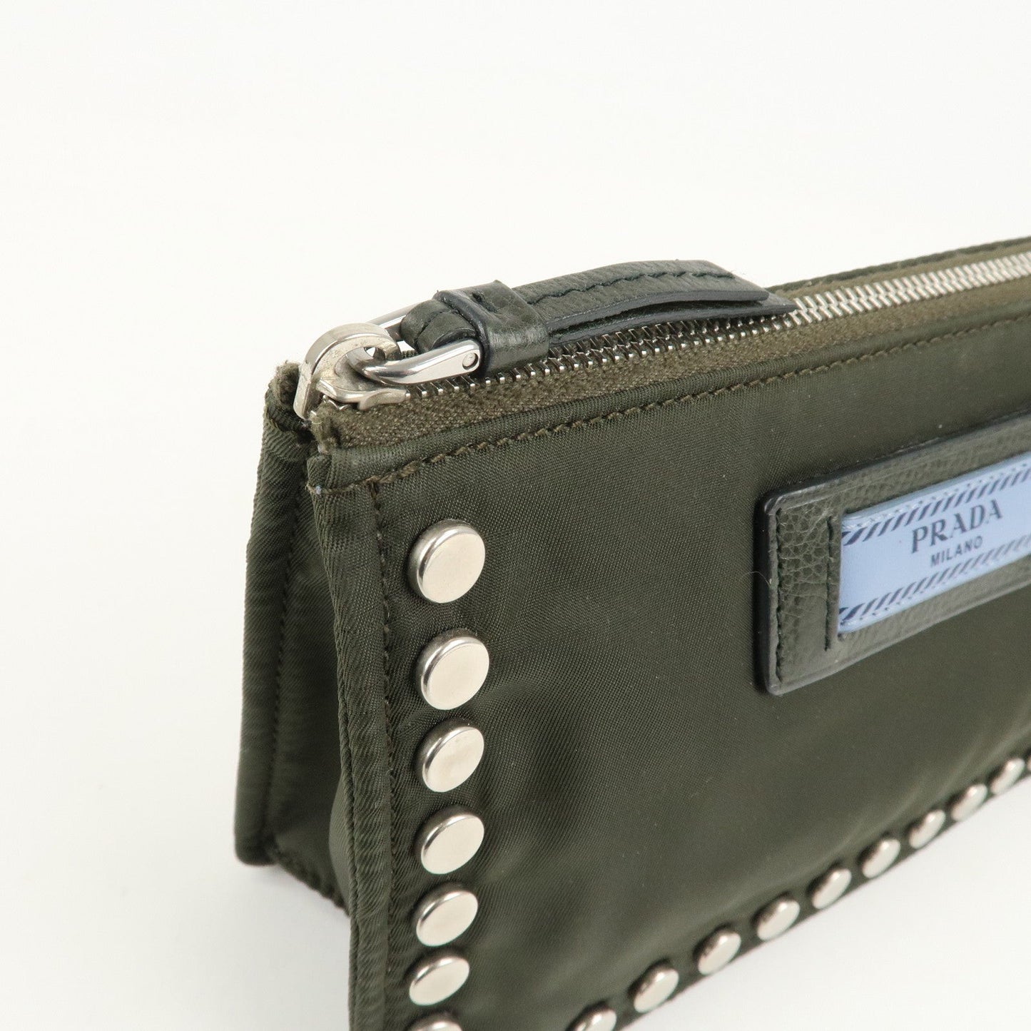 PRADA Tessuto Travel Pouch Studs Military Silver HDW  d