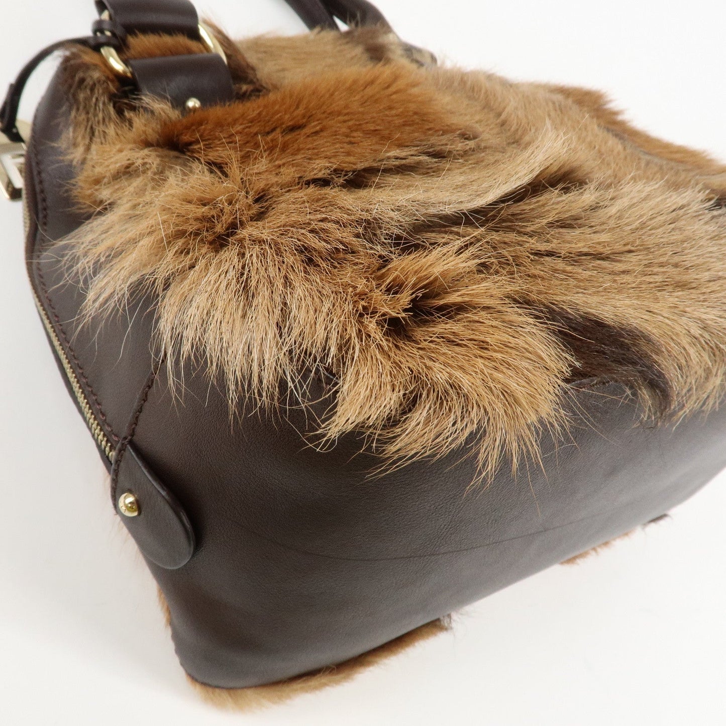 FENDI Fur Leather Tote Bag Hand Bag Shoulder Bag Brown 8BR286  d