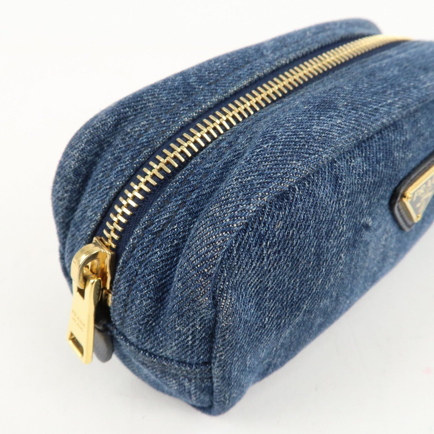 PRADA Triangle Logo Denim Pouch Cosmetic Pouch Blue  d