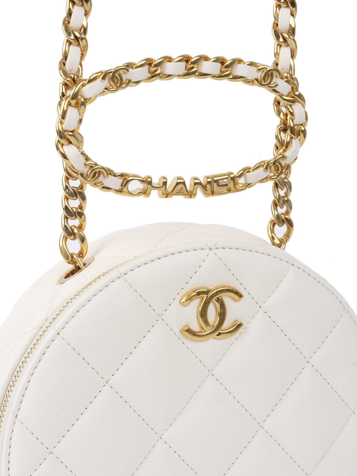 Chanel White Round Vanity with Chain Ring Handle.