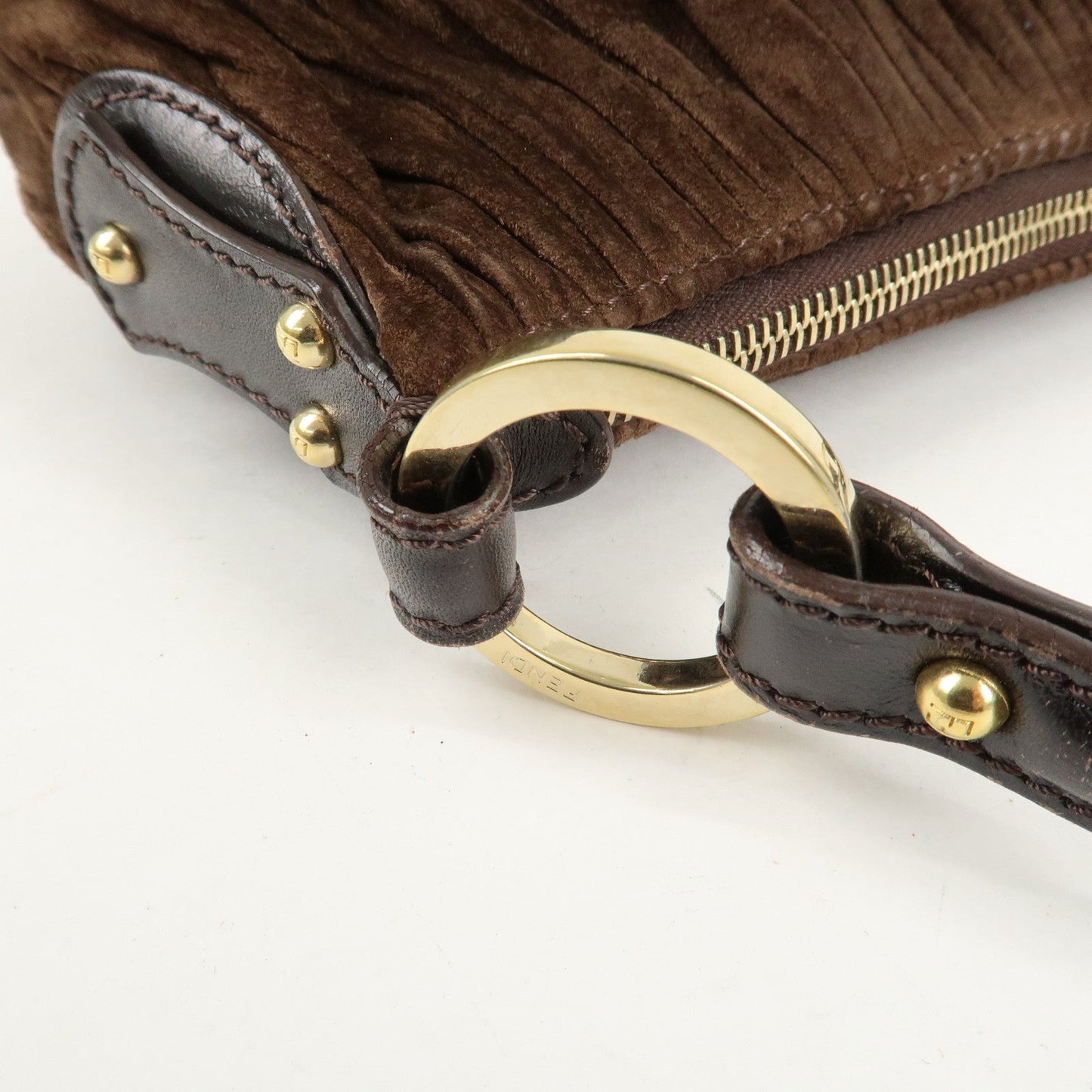 FENDI Suede Leather Gathered Shoulder Bag Dark Brown 8BR454  d