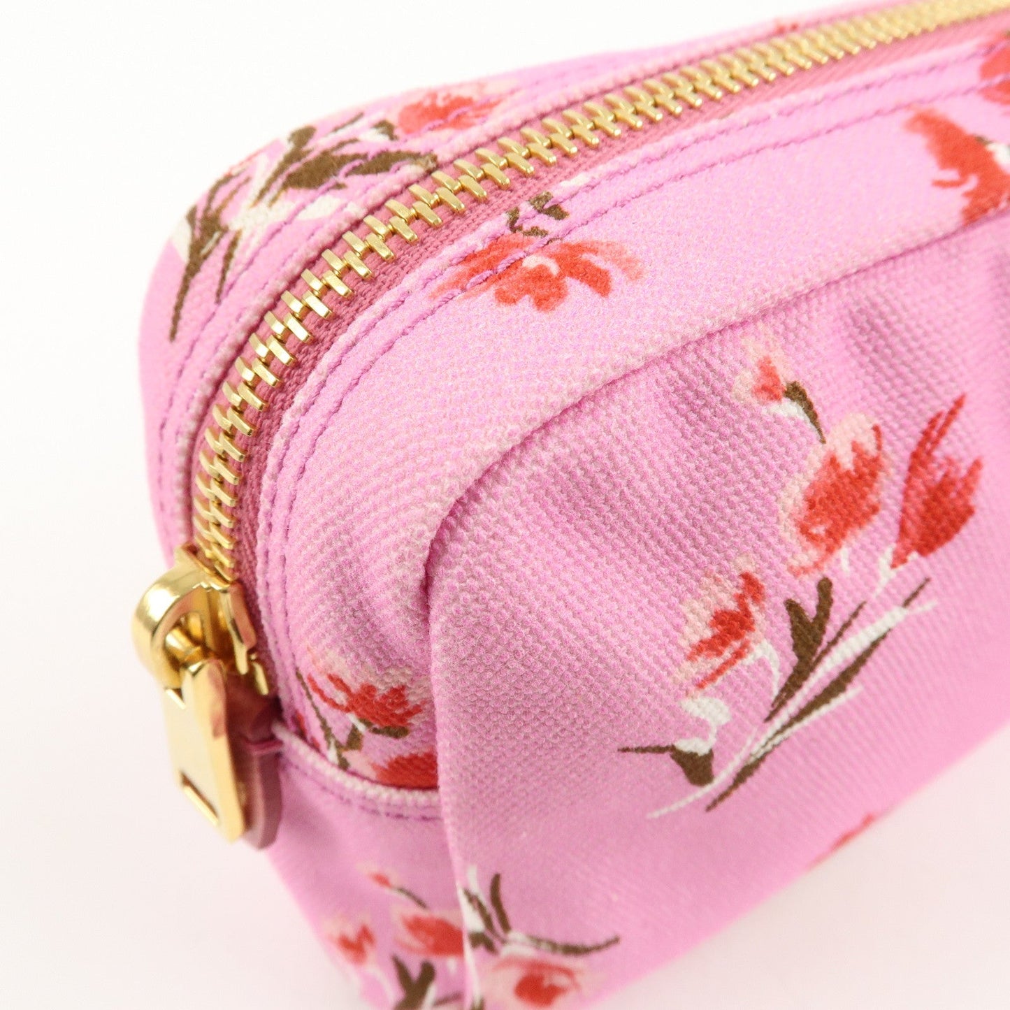 PRADA Canapa Canvas Leather Cosmetic Pouch Flower 1NA021 Pink  d