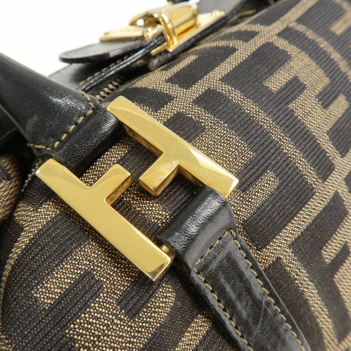 FENDI Zucca Canvas Leather Boston Bag Hand Bag Brown Black  d