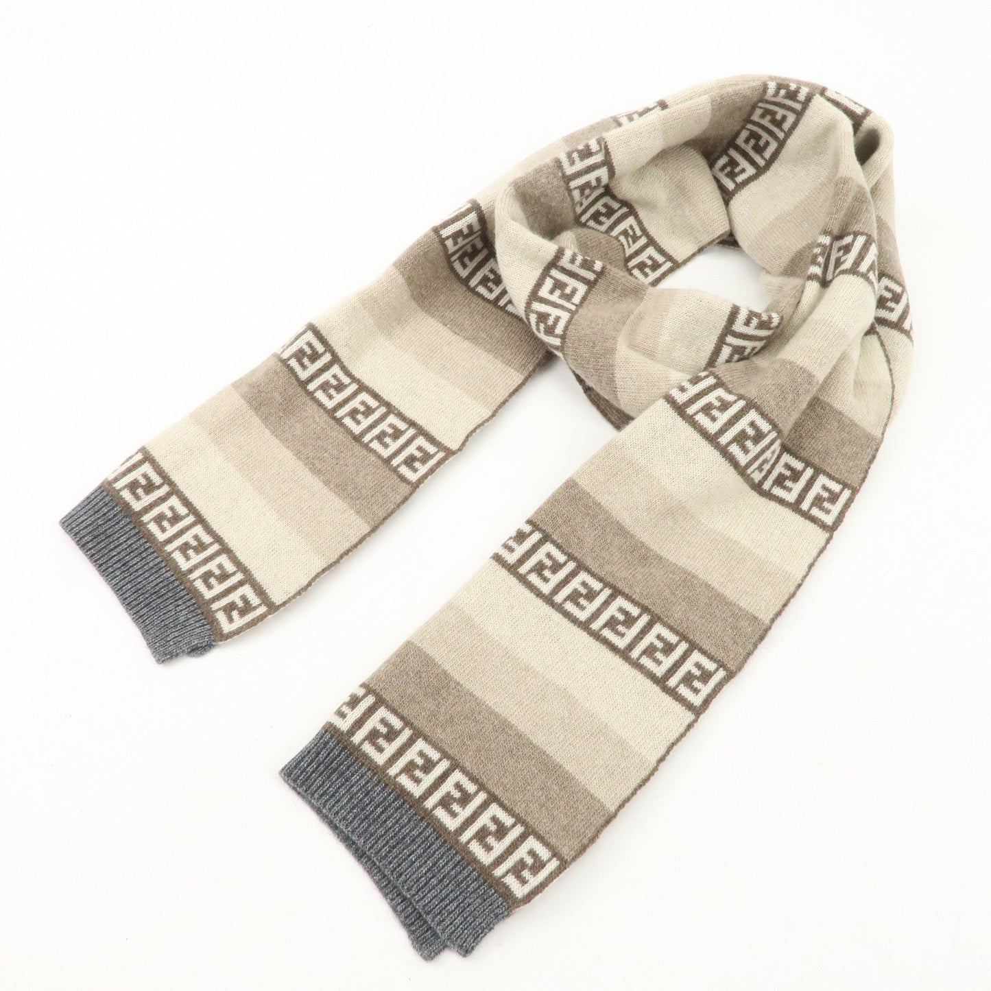 FENDI Logo Zucca Wool Viscose Nylon Cashimere Scarf Beige Brown  d