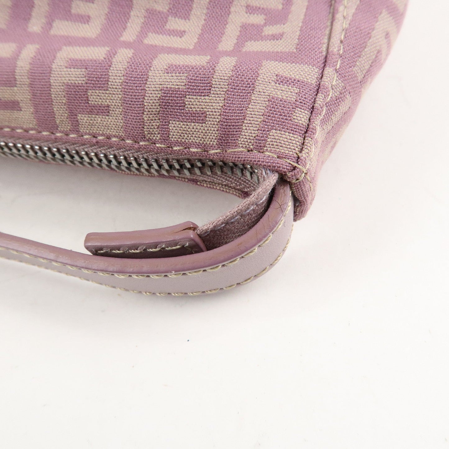 Auth FENDI  Zucchino Canvas Leather Hand Bag Pouch Purple Beige 8N0005  d F/S  d