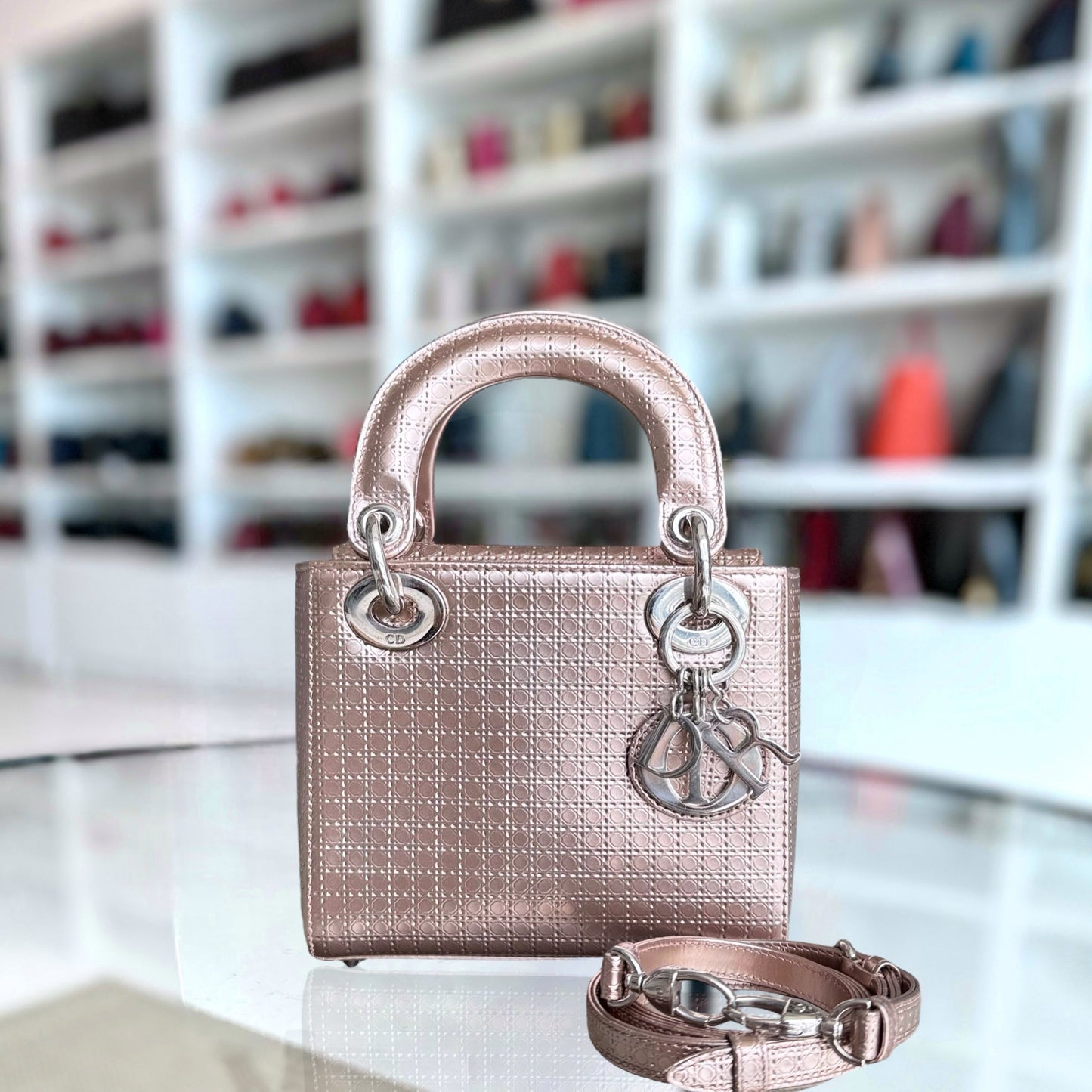 Dior Lady Mini - Micro Cannage Metallic Rose Gold Silver Hardware Adjustable Strap