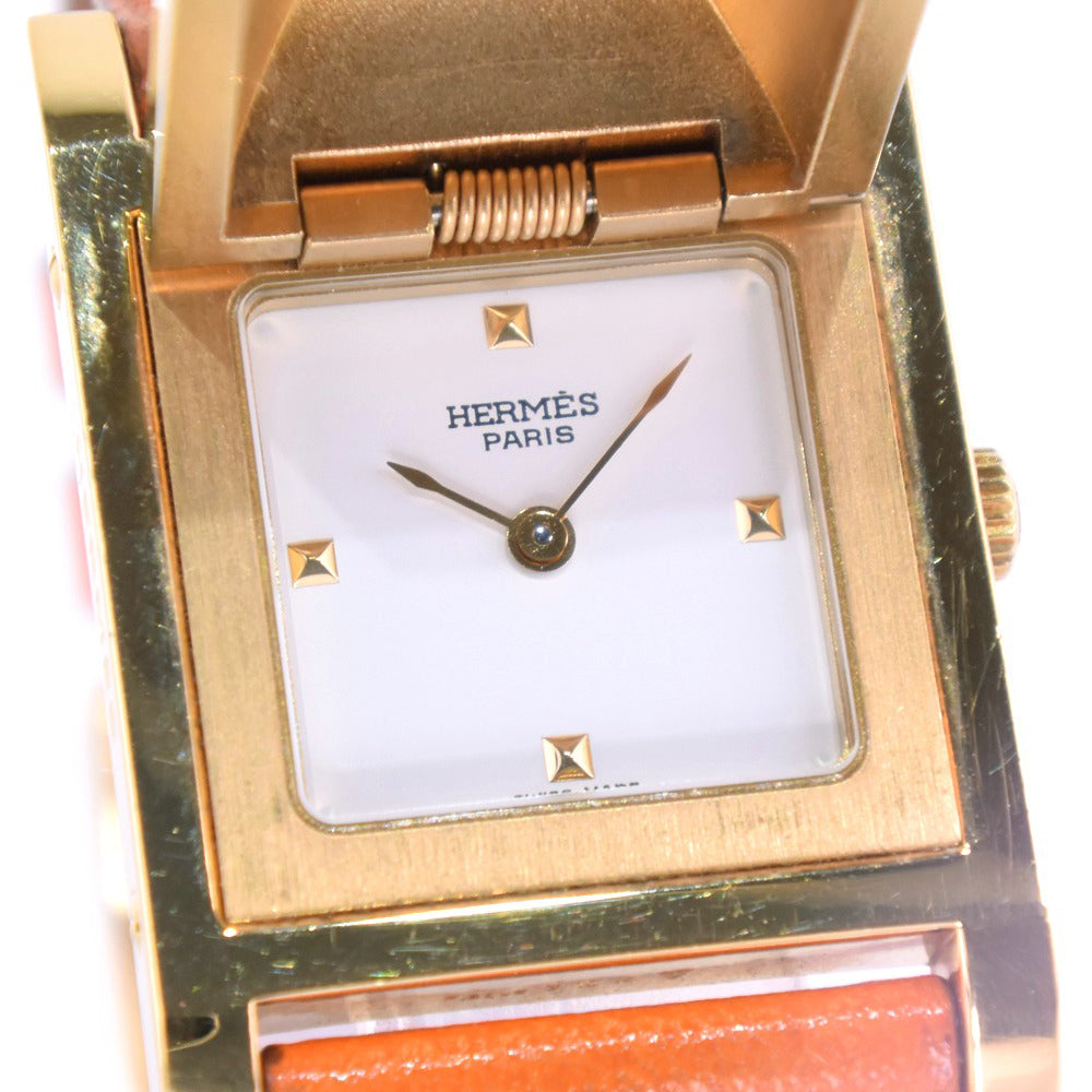 HERMES Watches Quartz Plated Gold , Leather Orange Medor White dial Women  d
