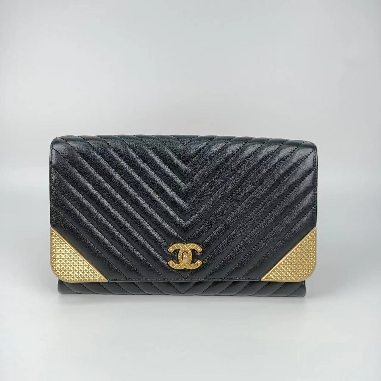 Chanel Chevron Rock The Corner Studded Edge Clutch with Chain
