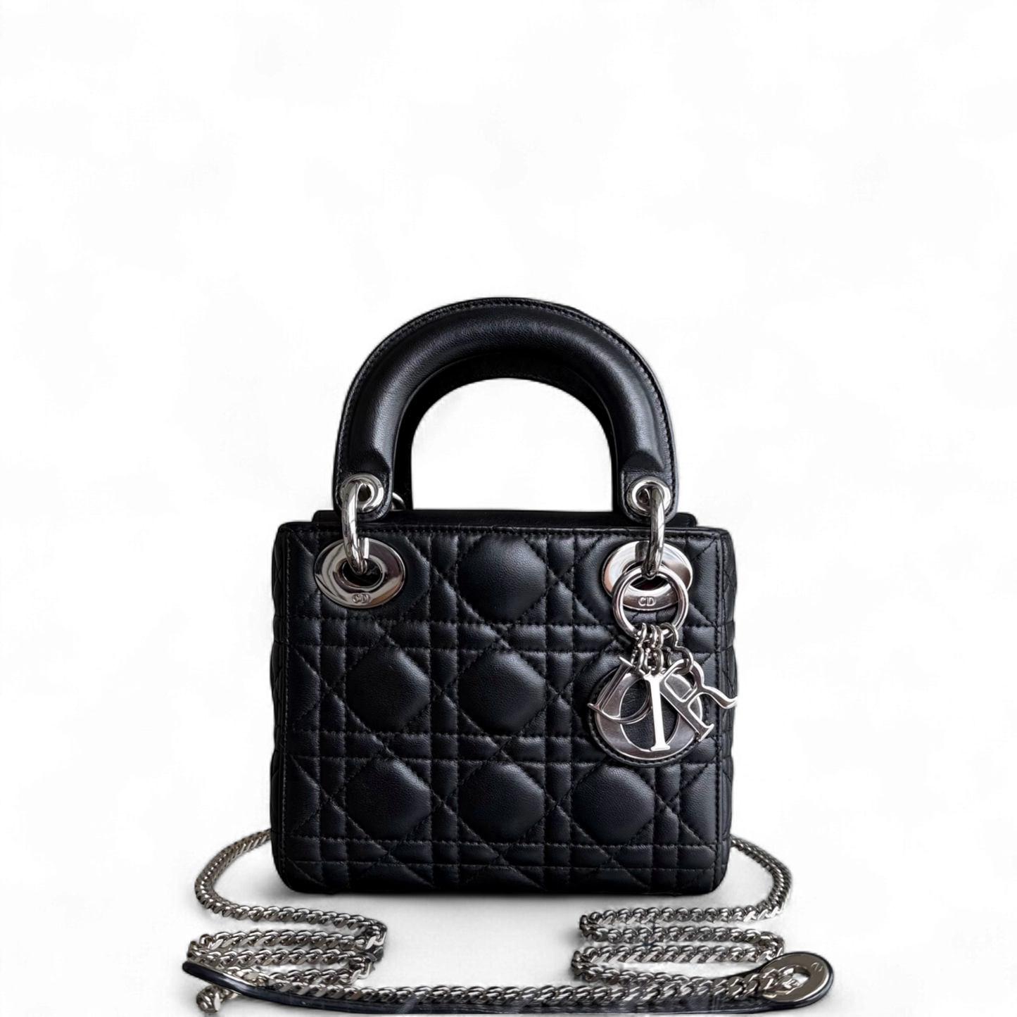 Dior Lady Mini - Cannage Lambskin Black Silver Hardware Chain Strap