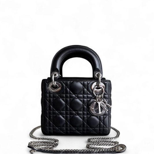 Dior Lady Mini - Cannage Lambskin Black Silver Hardware Chain Strap