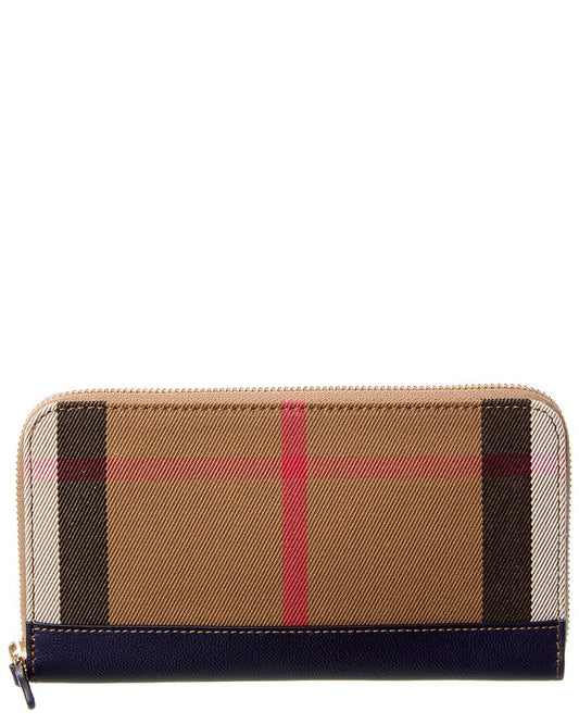 Burberry Check Canvas & Leather Zip Around Wallet