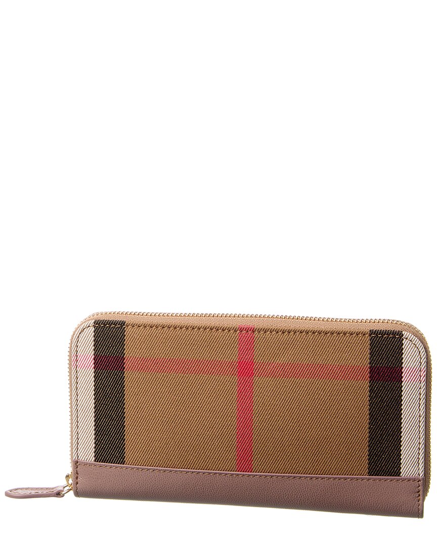 Burberry Check Canvas & Leather Zip Around Wallet