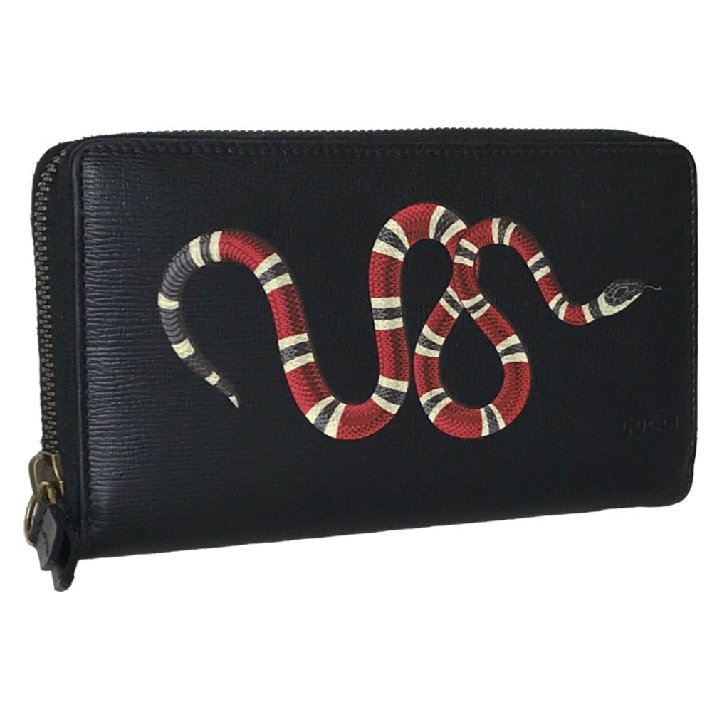 GUCCI Long Wallet Purse 451273 2778 leather black Round zip King snake print mens(Unisex)