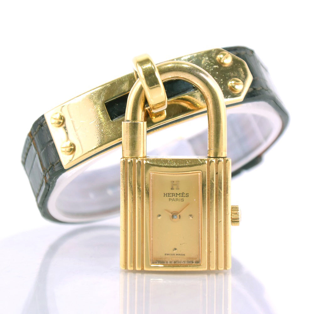 HERMES Watches Quartz Leather, Plated Gold black Kelly watch gold dial Women  d