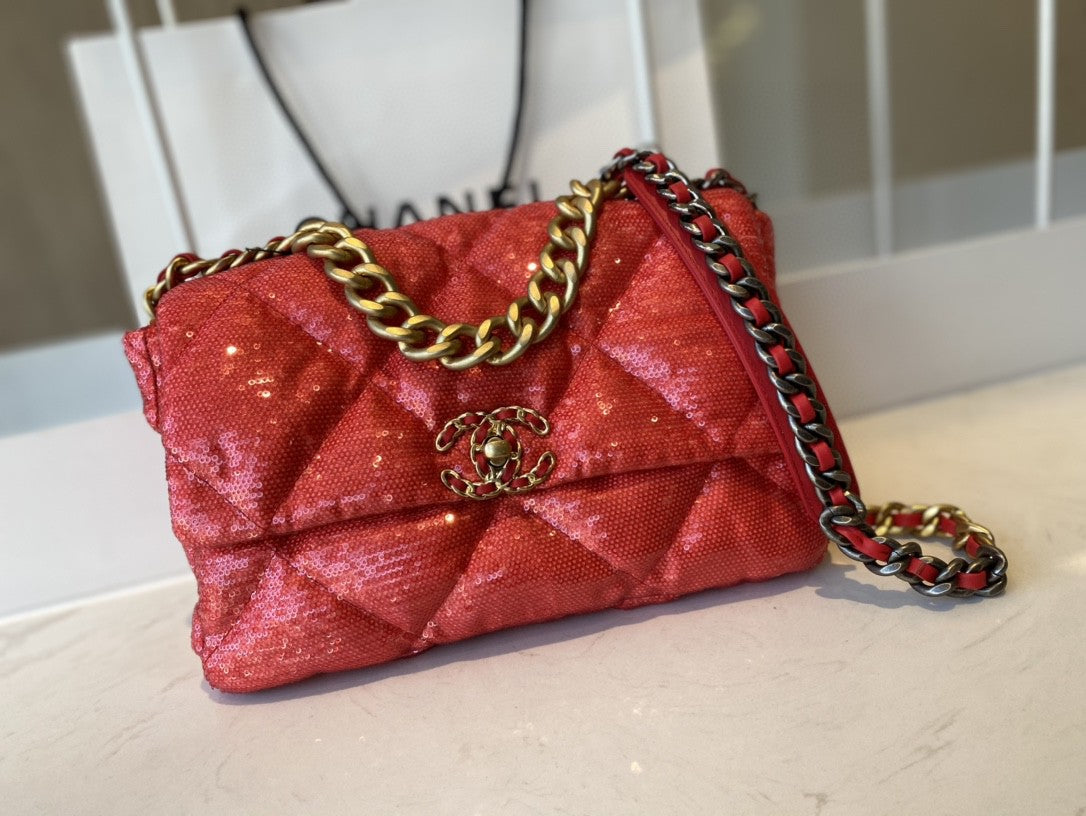 CHL 19 Flap Bag Gold Hardware Red For Women, Women’s Handbags, Shoulder Bags 10in/26cm AS1160 