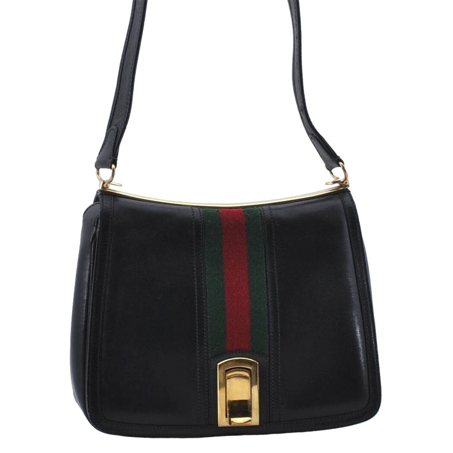 , RARE, Gucci, mod, black leather, saddle bag shoulder purse with a wide red & green center stripe, and bold gold accents g