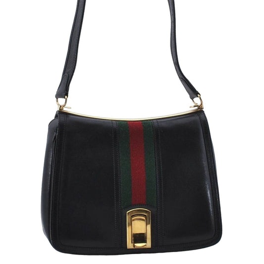 , RARE, Gucci, mod, black leather, saddle bag shoulder purse with a wide red & green center stripe, and bold gold accents g