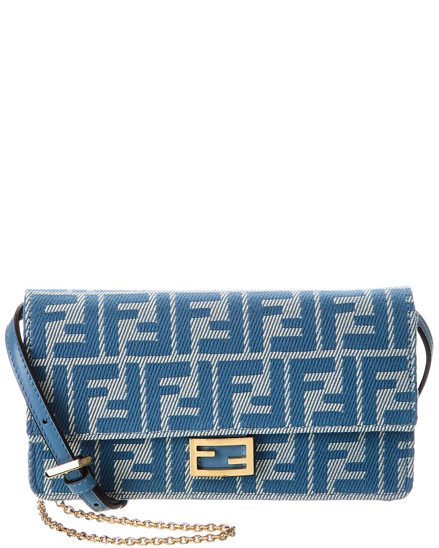 Fendi Baguette Ff Denim Jacquard & Leather Wallet On Chain, Ns, Blue