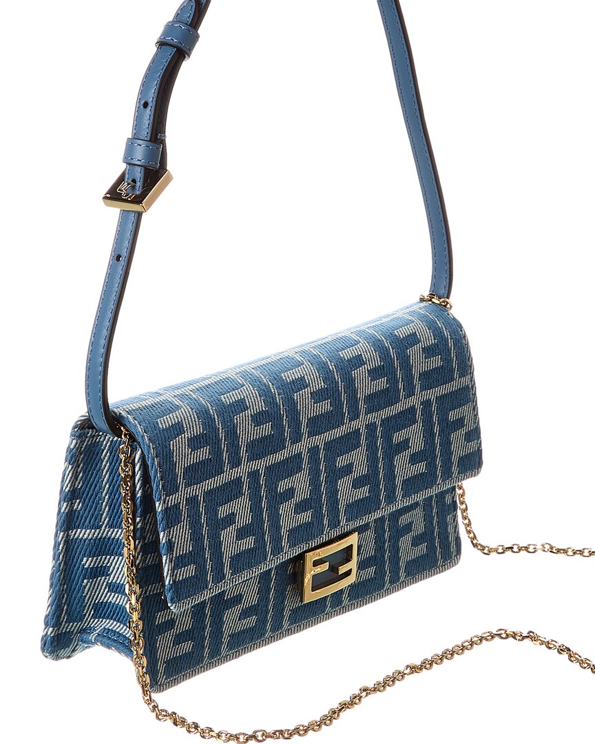 Fendi Baguette Ff Denim Jacquard & Leather Wallet On Chain, Ns, Blue