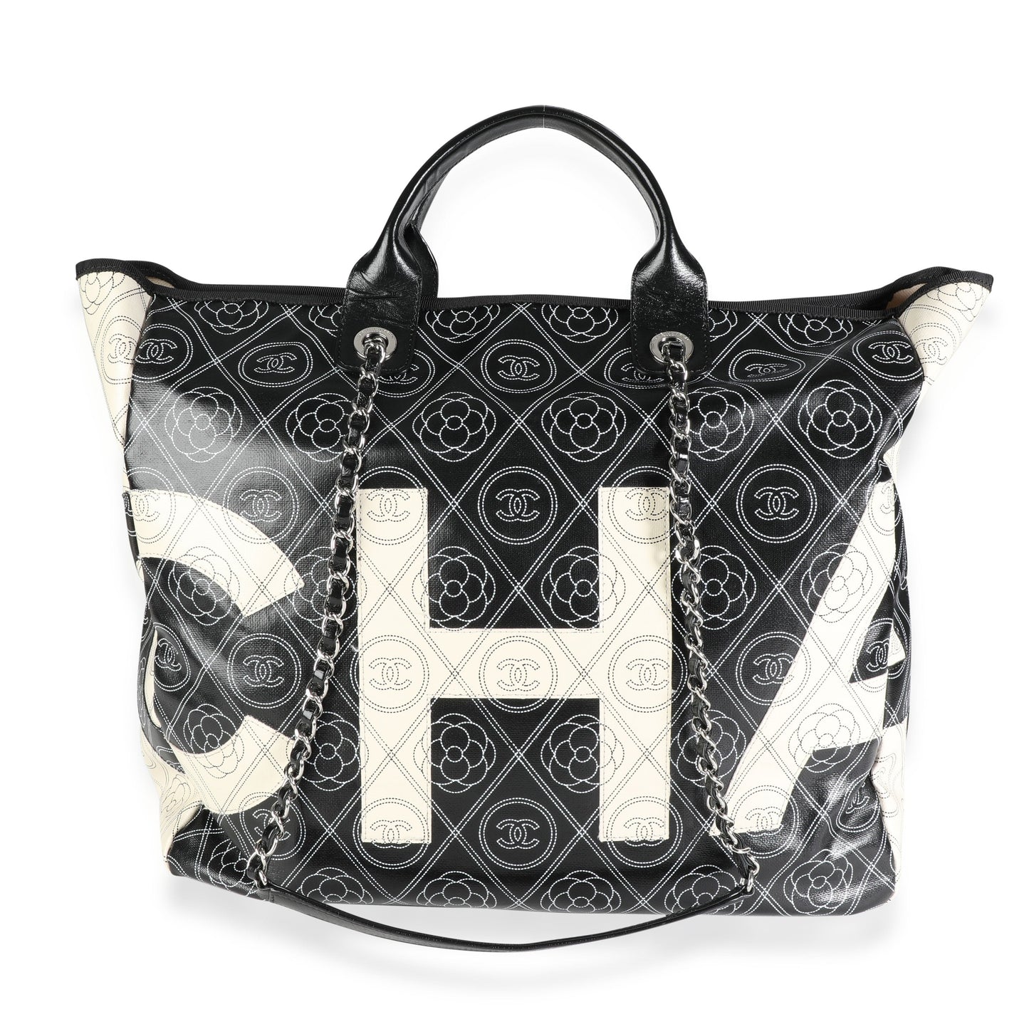 CHANEL Black and Beige Coated Canvas and Leather Camellia & CC Print Shopper Tot