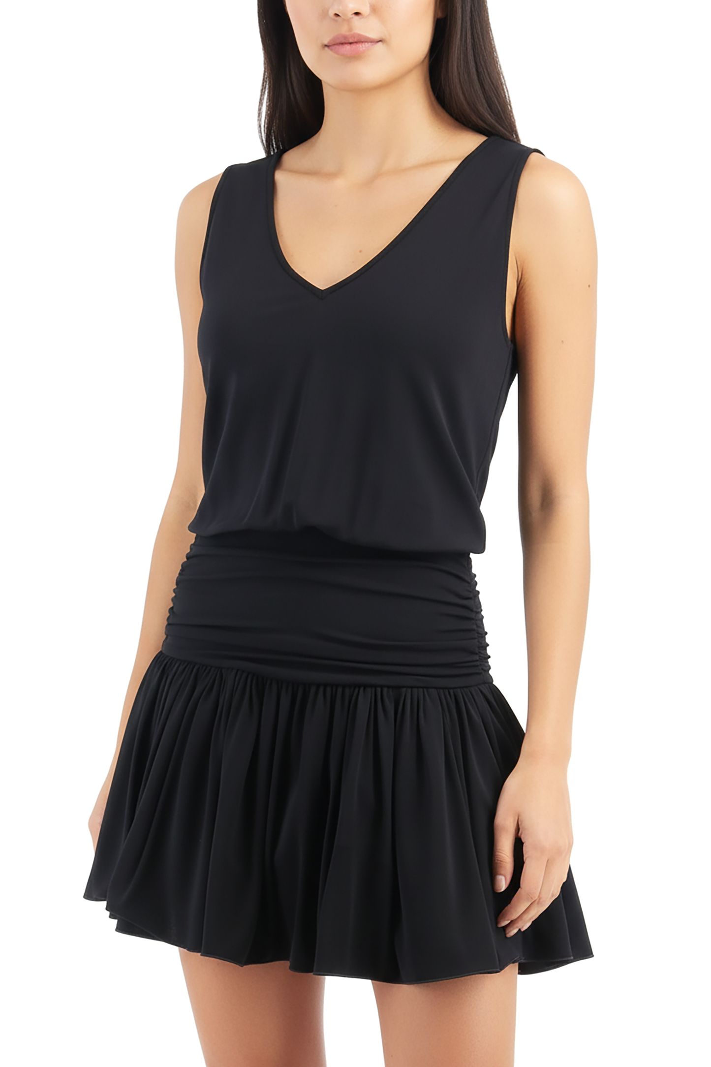 Emporio Armani Black Jersey V-Neck Drop-Waist Mini Dress-IT40
