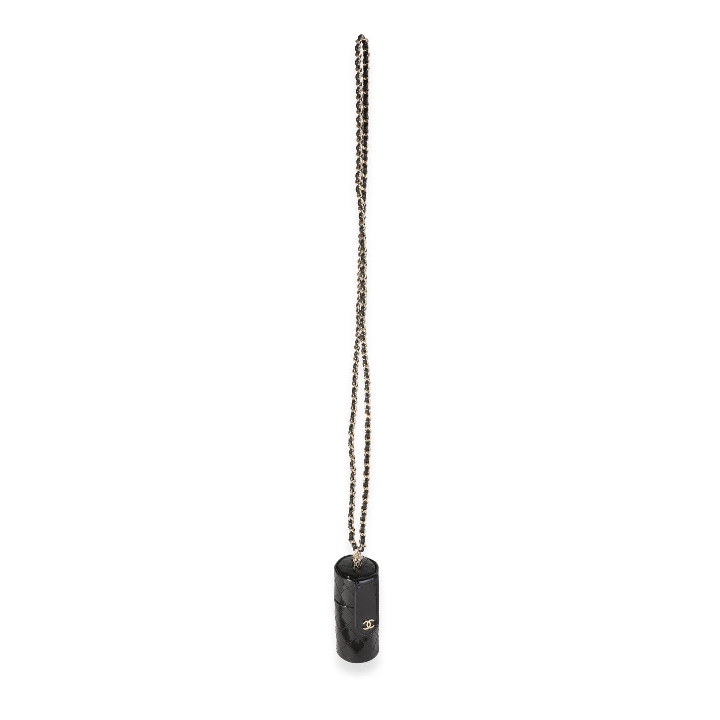 CHANEL Black Quilted Patent Leather Lipstick Case On Chain