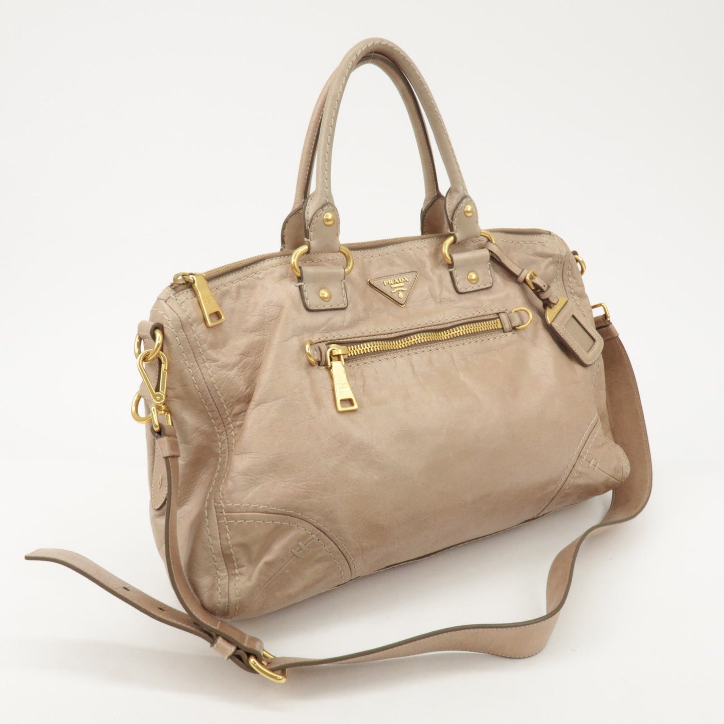 PRADA Triangle Logo Leather 2Way Bag Tote Bag Shoulder Bag Beige  d