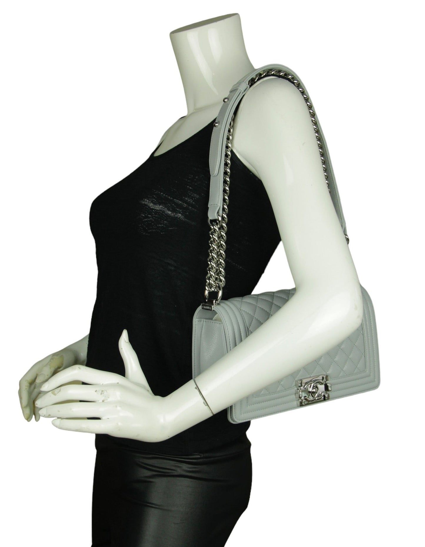 Chanel 2024 Grey Shiny Caviar Leather Quilted Medium Boy Bag