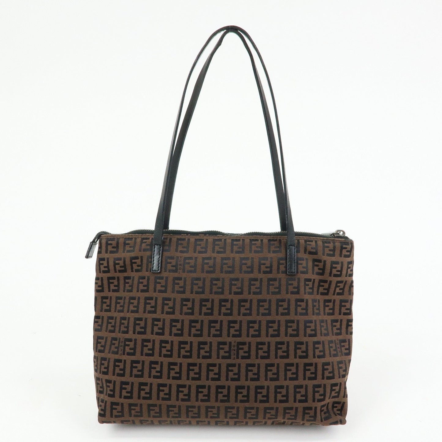 FENDI Zucchino Canvas Leather Tote Shoulder Bag Brown Black 8BH023