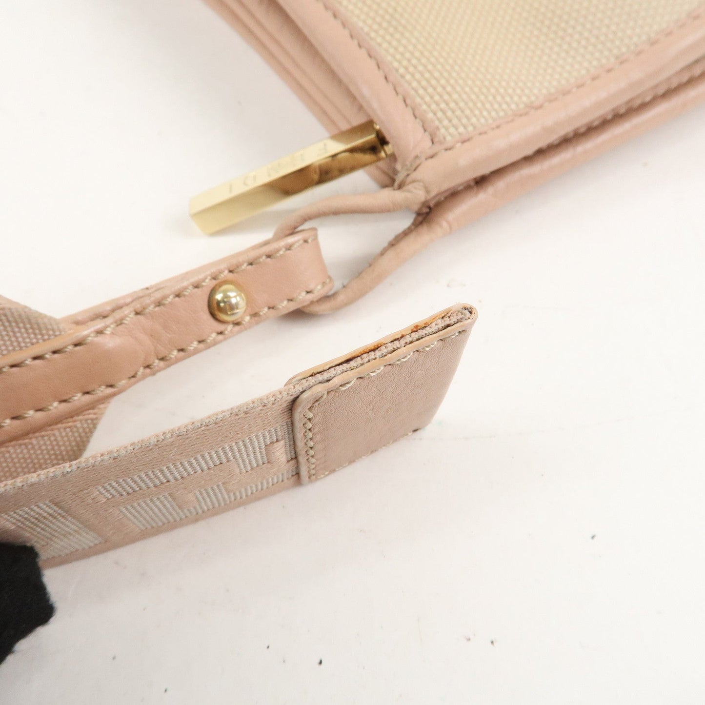 FENDI Logo Canvas Leather Shoulder Bag Beige Pink 8BT084  d