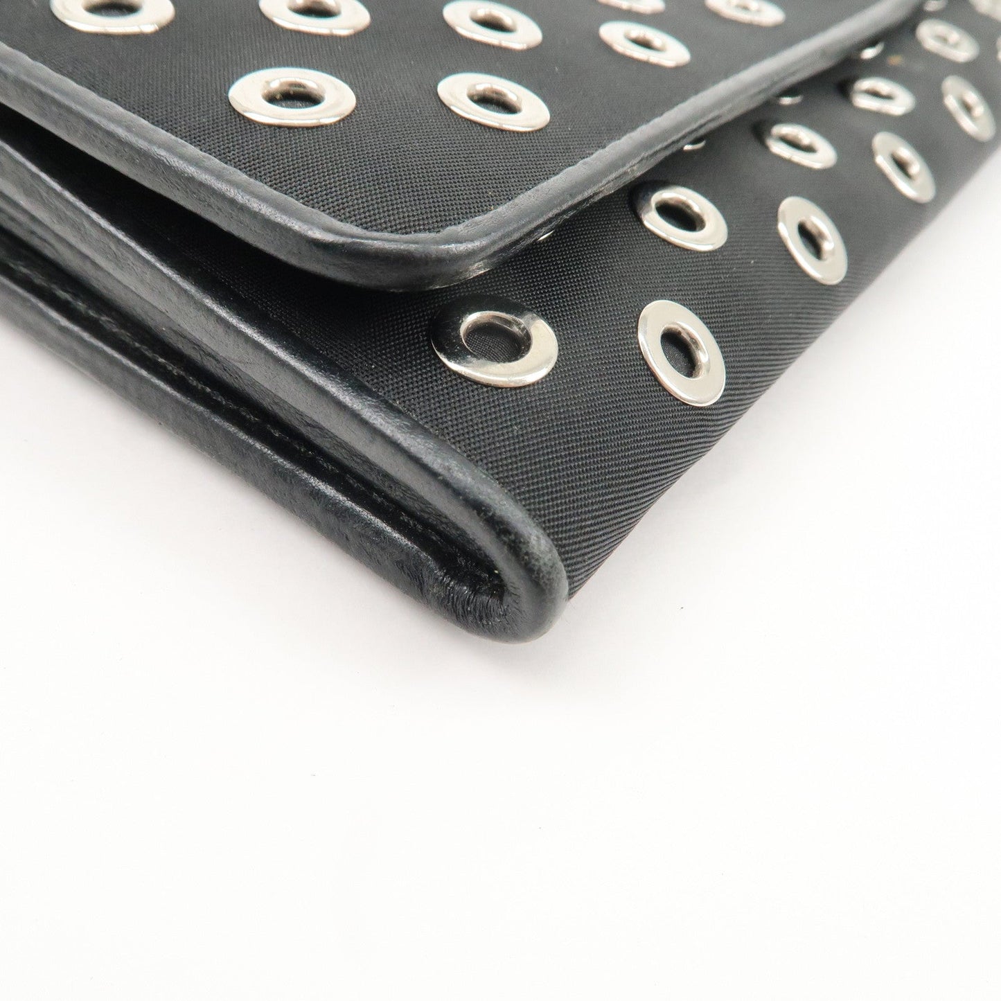 PRADA Grommet Nylon Leather Chain Long Wallet Black Silver HDW  d