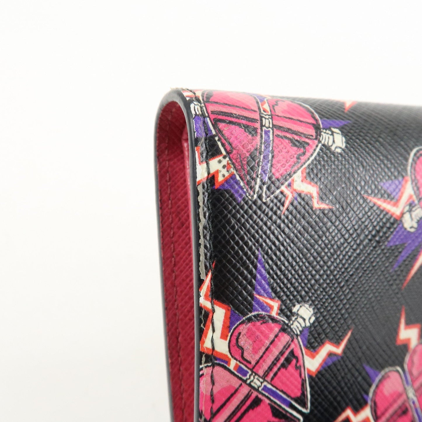 PRADA Logo Saffiano Leather Heart Print Bi-fold Wallet 1MV204  d