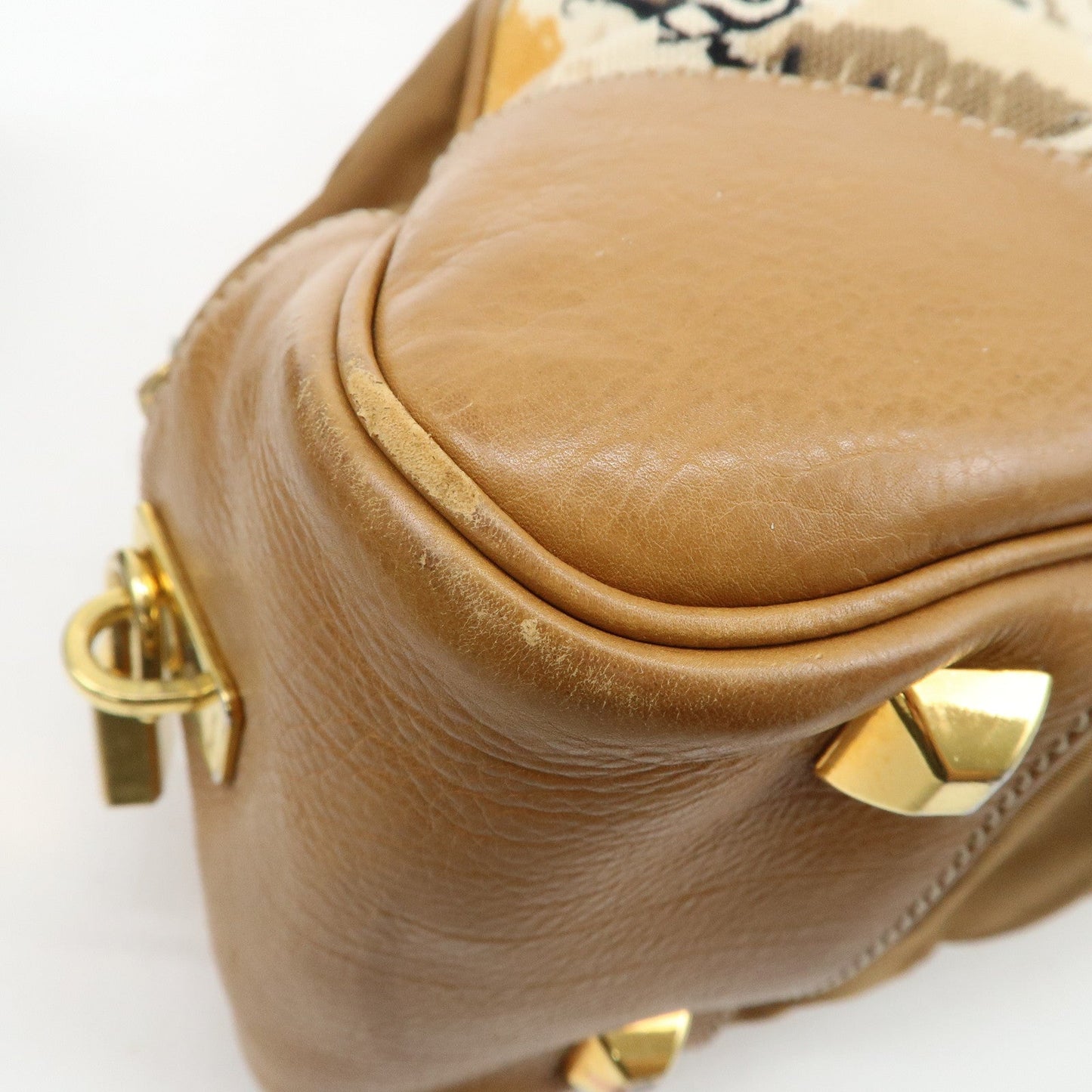 PRADA Logo Canvas Leather Nylon Shoulder Bag Boston Bag Brown  d