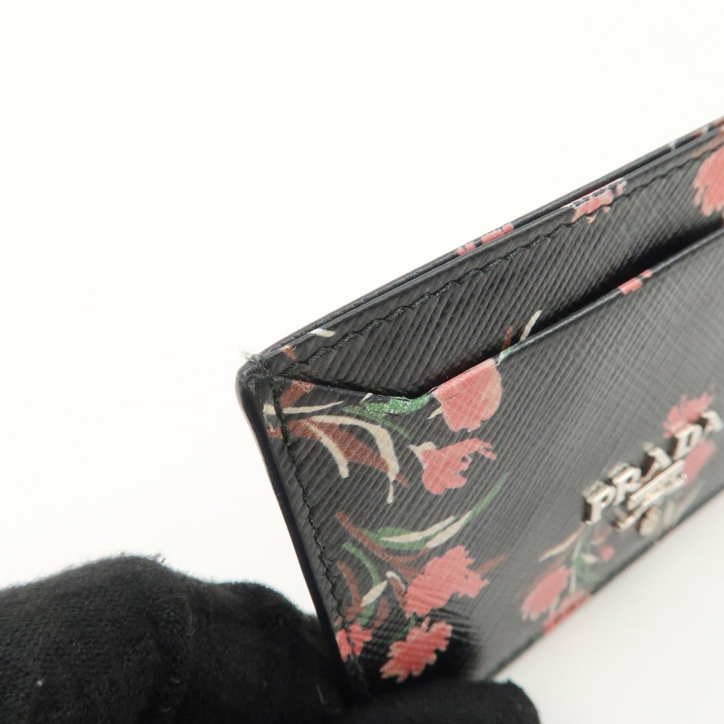 PRADA Saffiano Card Case Floral Pattern Black Pink 1MC208  d