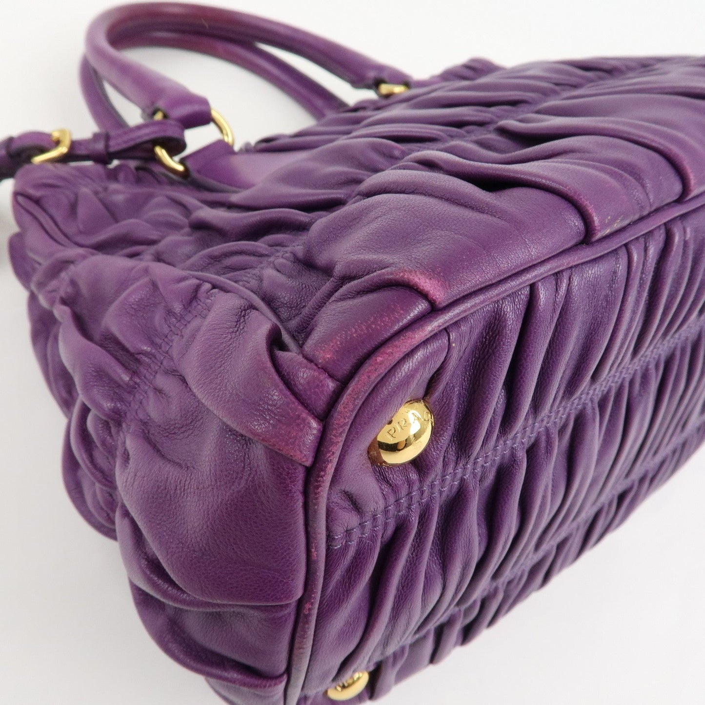 PRADA Leather Gathered Hand Bag Purple Gold Hardware BN2394  d