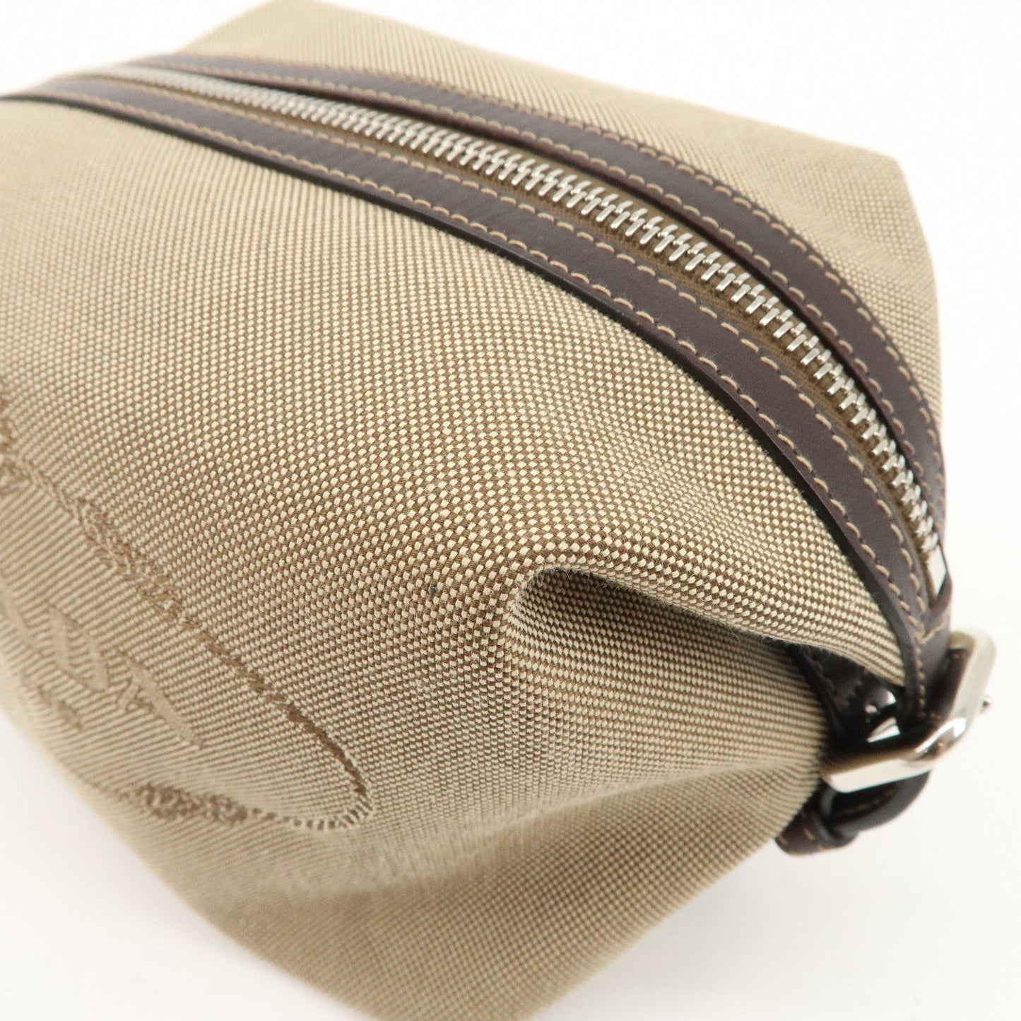PRADA Logo Jacquard Leather Pouch Beige Brown 1N1298  d