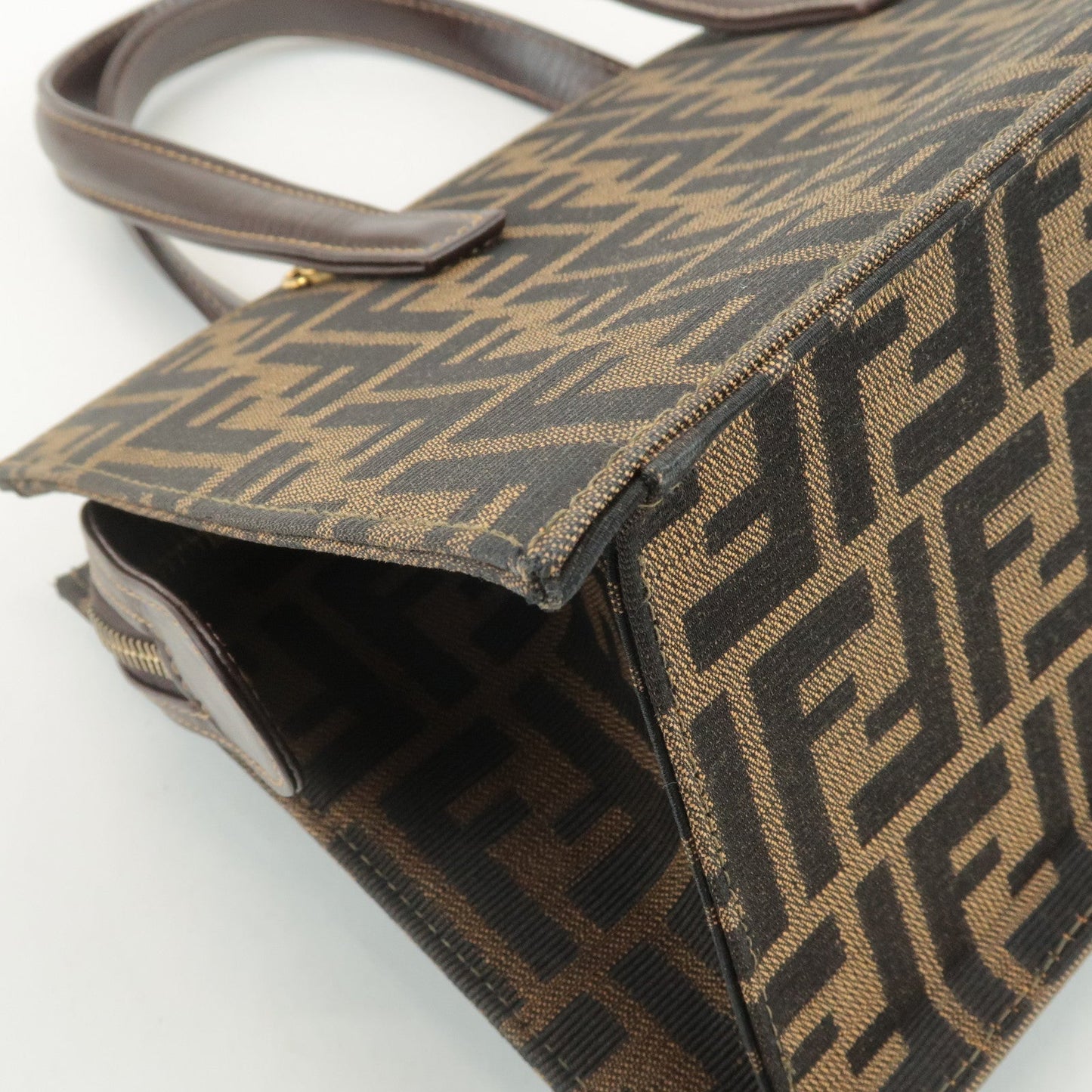 FENDI Zucca Canvas Leather Boston Bag Hand Bag Brown Black  d
