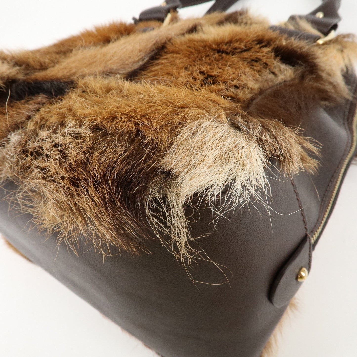 FENDI Fur Leather Tote Bag Hand Bag Shoulder Bag Brown 8BR286  d