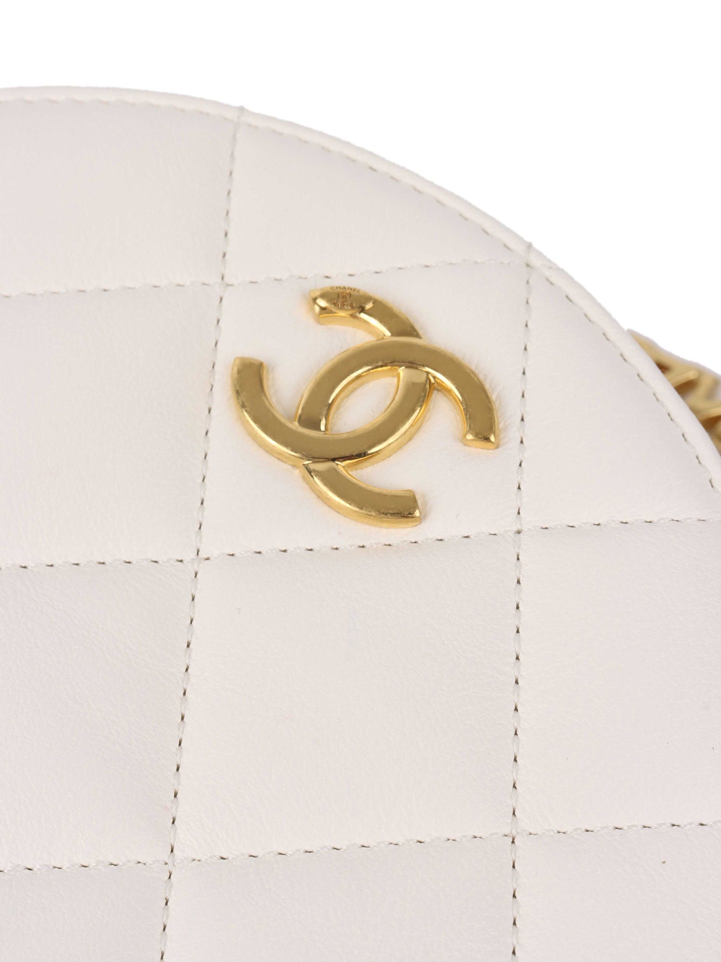 Chanel White Round Vanity with Chain Ring Handle.