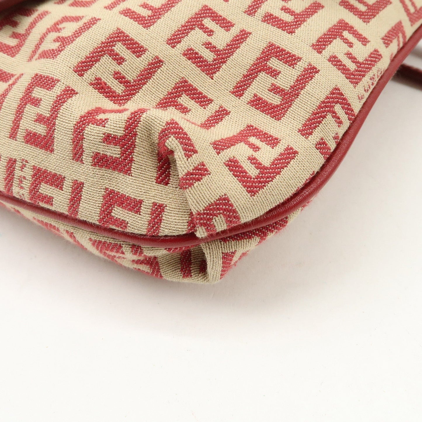 FENDI Zucchino Canvas Leather Shoulder Bag Beige Red 8BT075  d