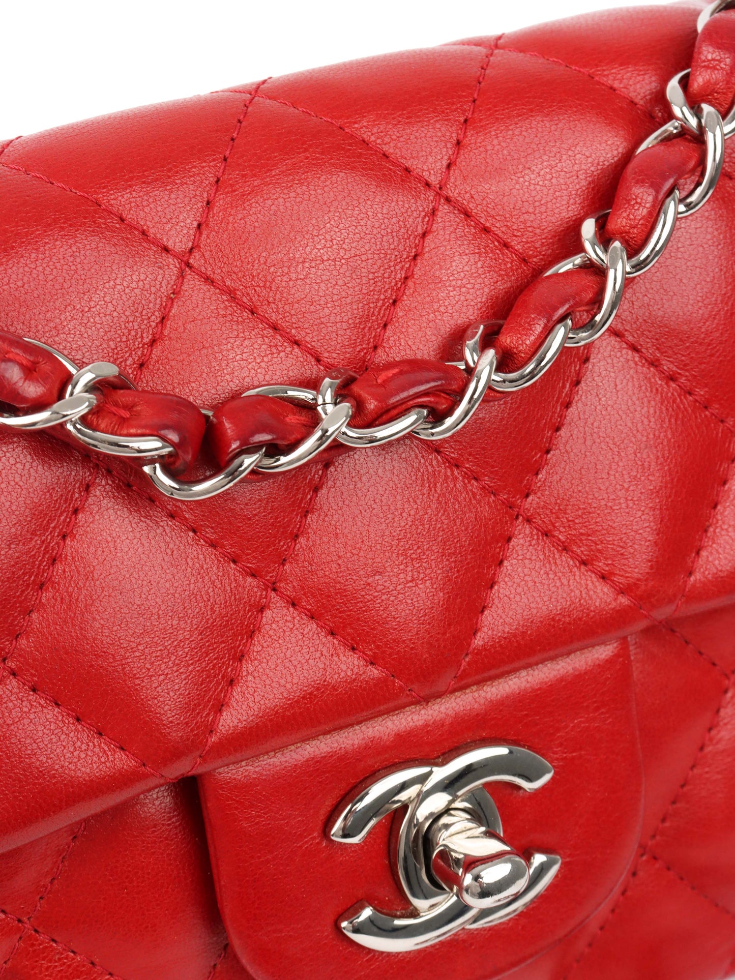 Chanel Red Lambskin East West Classic Flap Bag.